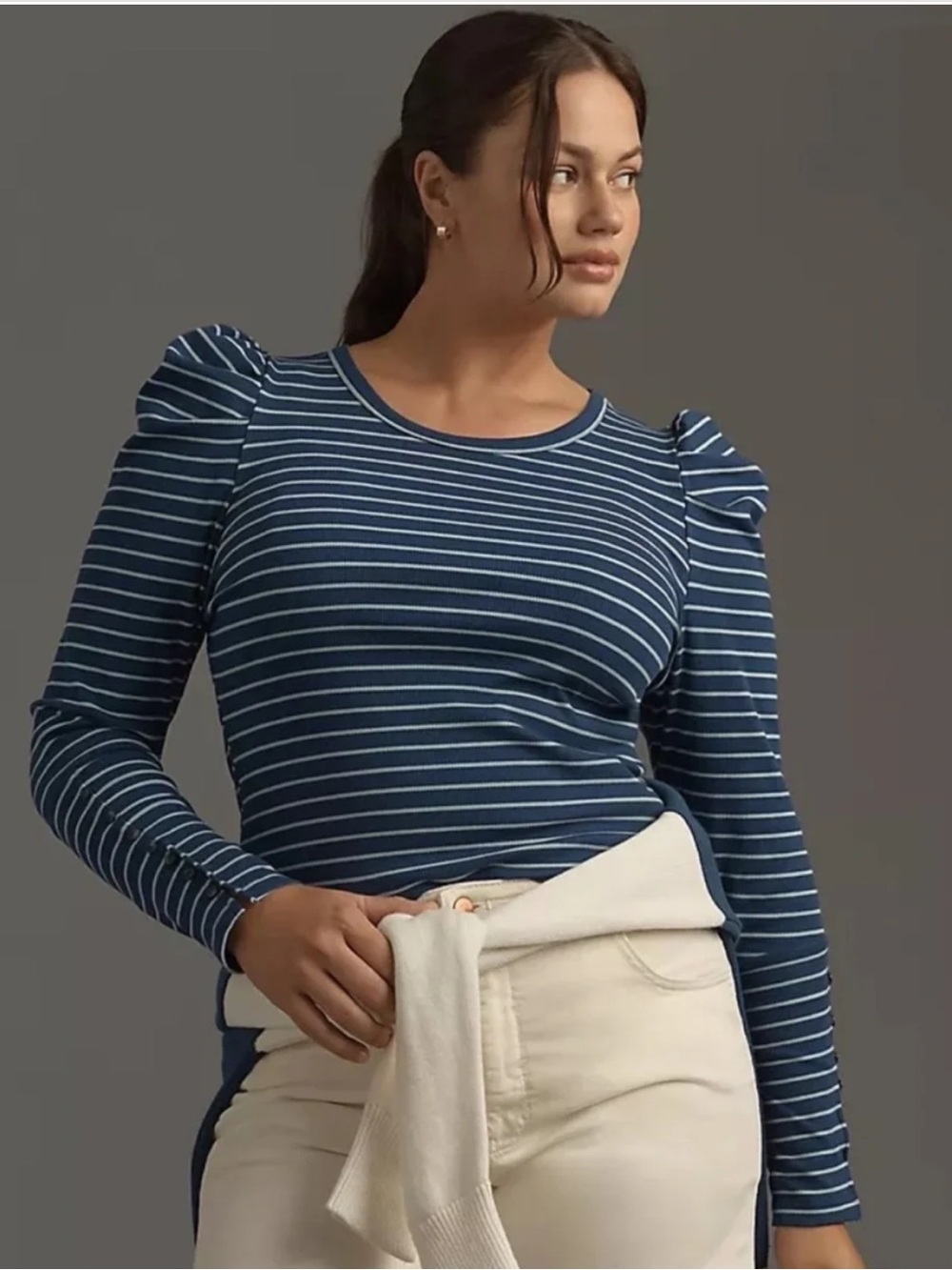 Maeve Striped Puff Sleeve Ribbed Top in Blue Stripe size Large